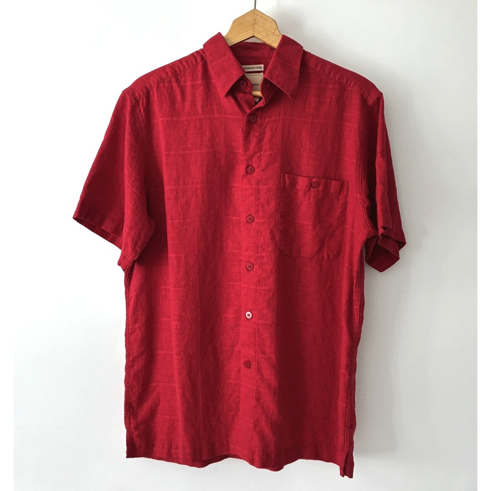 Saddlebred Washable Linen Blend Shirt Red Size M Short Sleeve Button Down Resort